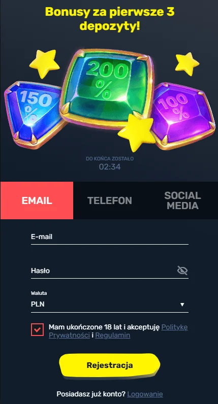 Formularz rejestracyjny Slottyway Casino