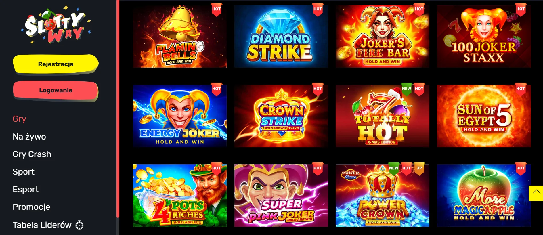 Interfejs biblioteki gier Slottyway Casino z widocznymi automatami